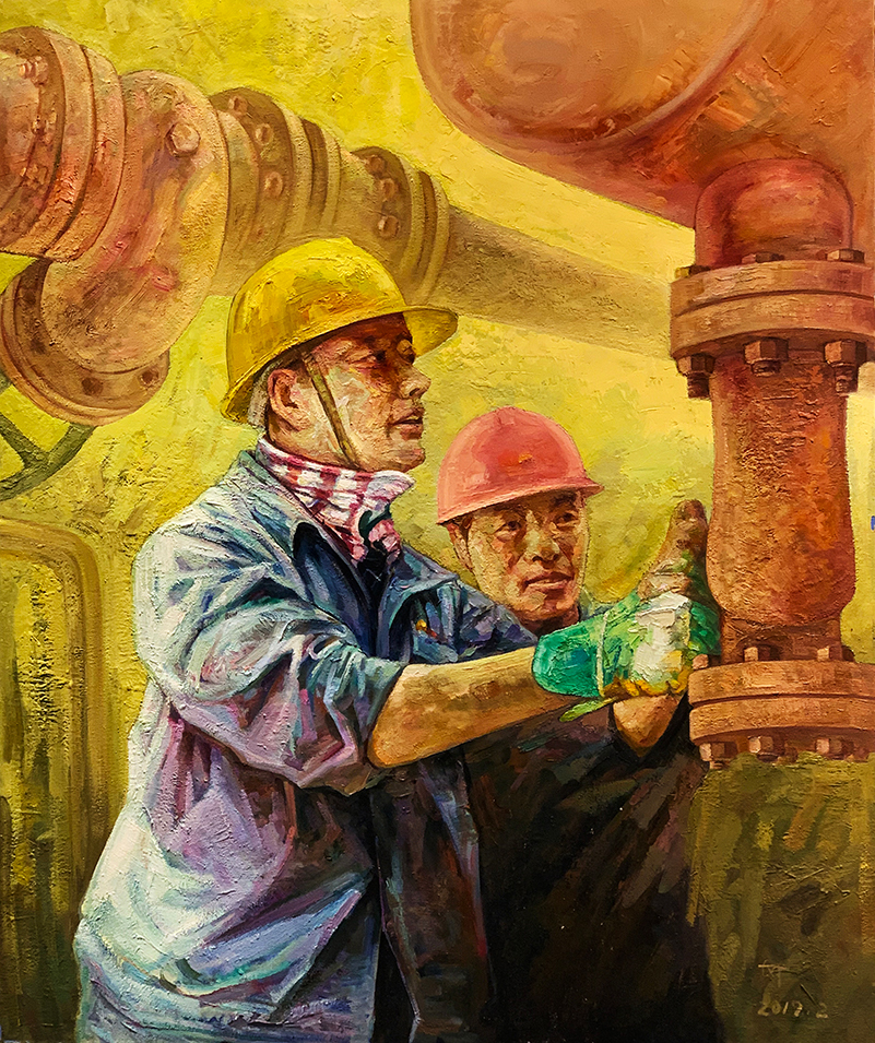 石油工人心向党油画图片